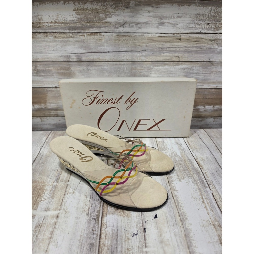 Vintage Onex Lili Rainbow Clear Lucite Wedge Sandals Box Sz 7